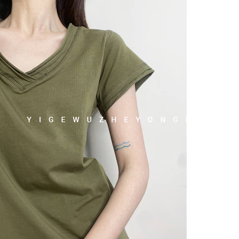 One grid V -neck Modern Dance Short -sleeved Practice Server Female Summer Dance Foundation Training Service Loose Art Test Training Server T -shirt