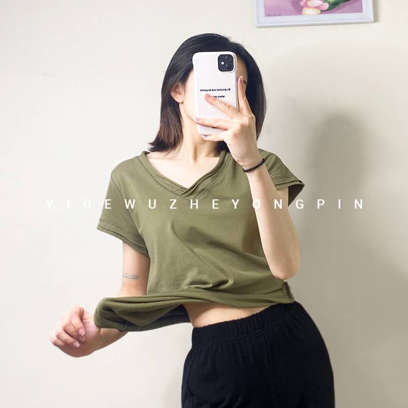 One grid V -neck Modern Dance Short -sleeved Practice Server Female Summer Dance Foundation Training Service Loose Art Test Training Server T -shirt