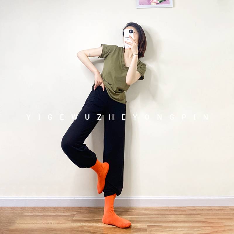 One grid V -neck Modern Dance Short -sleeved Practice Server Female Summer Dance Foundation Training Service Loose Art Test Training Server T -shirt