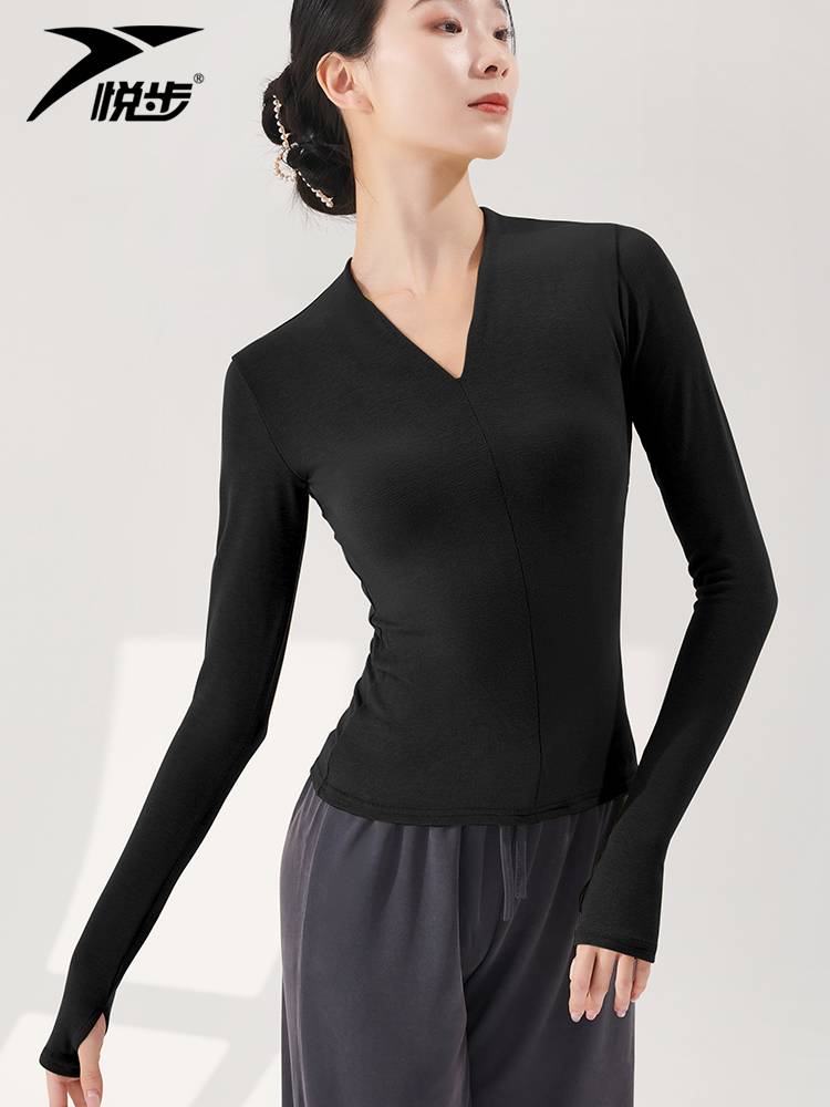 Classical dance clothing shirt elastic self -cultivation training service Chinese dance modern dance girl practice service small V -neck set finger