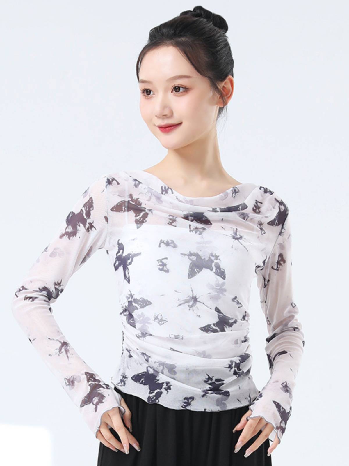 Modern dance exercise service girl new net yarn folds finger refers to long -sleeved top adult dance daily body training suit