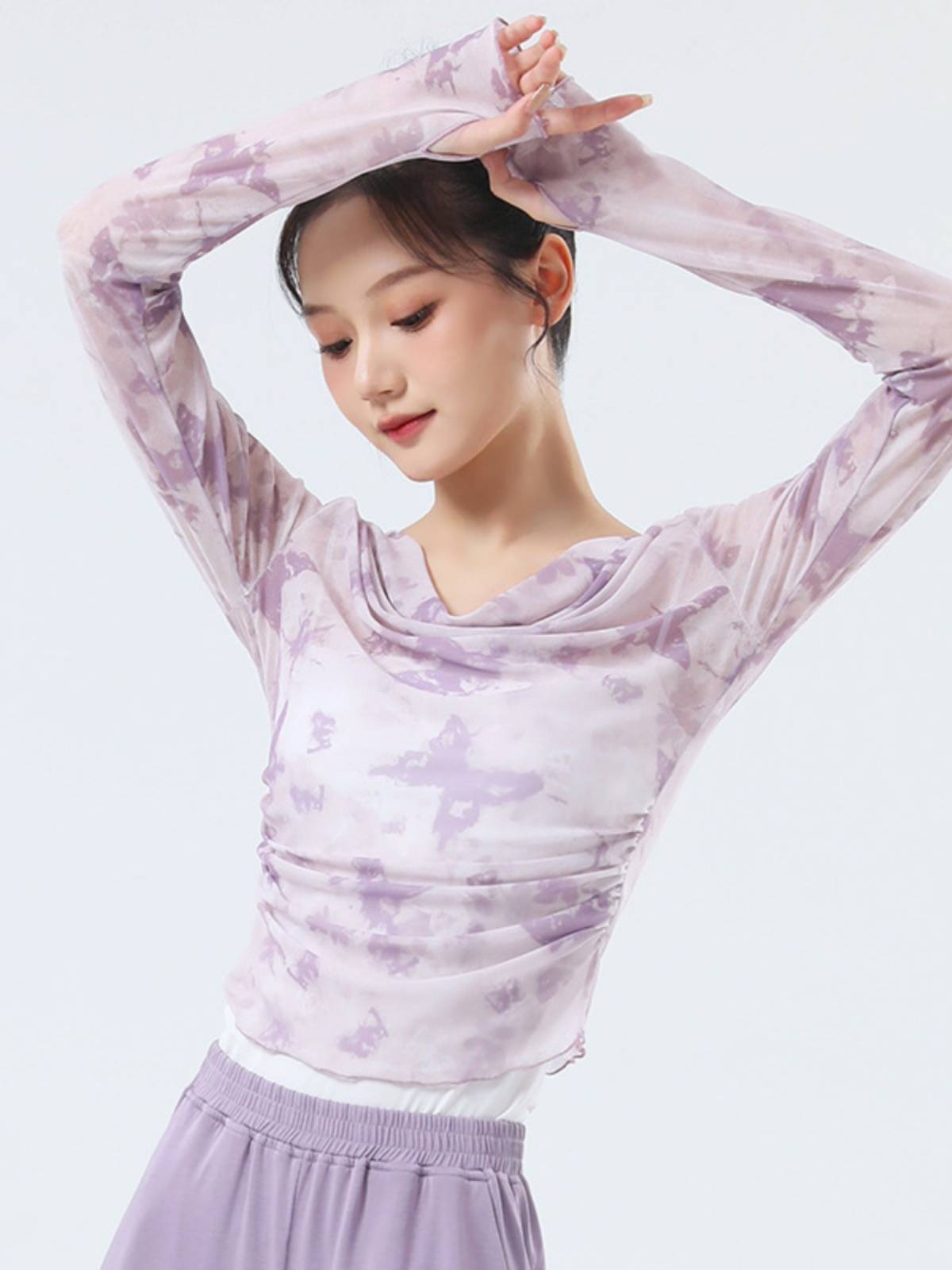 Modern dance exercise service girl new net yarn folds finger refers to long -sleeved top adult dance daily body training suit
