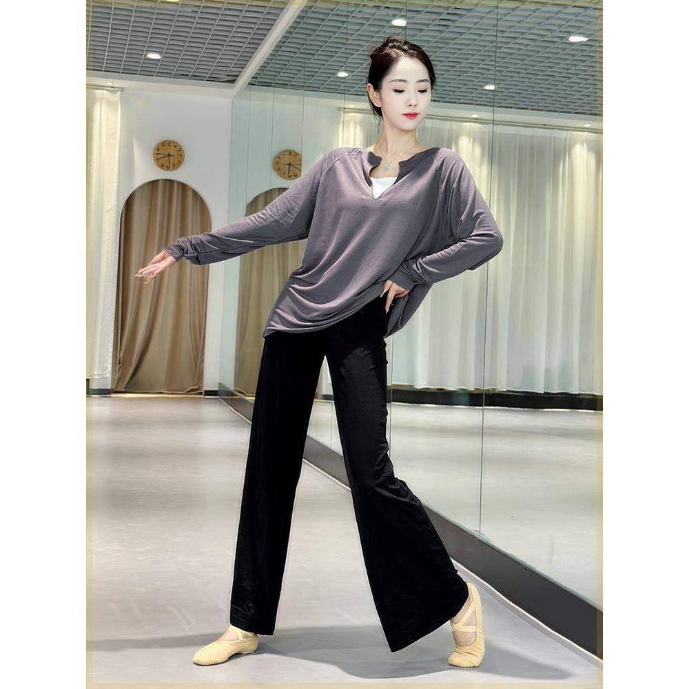 Modern dance exercise dance dance birthday wearing loose deep V men and women, the same personality long -sleeved T -shirt wild top