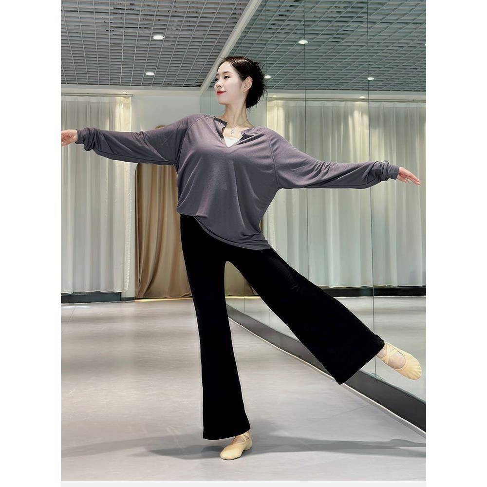 Modern dance exercise dance dance birthday wearing loose deep V men and women, the same personality long -sleeved T -shirt wild top
