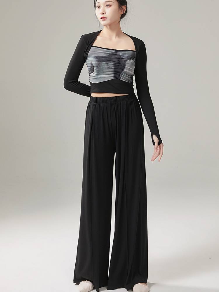 Modern dance autumn and summer dance ink and ink mesh practice suit set classical dance -shaped training long -sleeved clothing female art test
