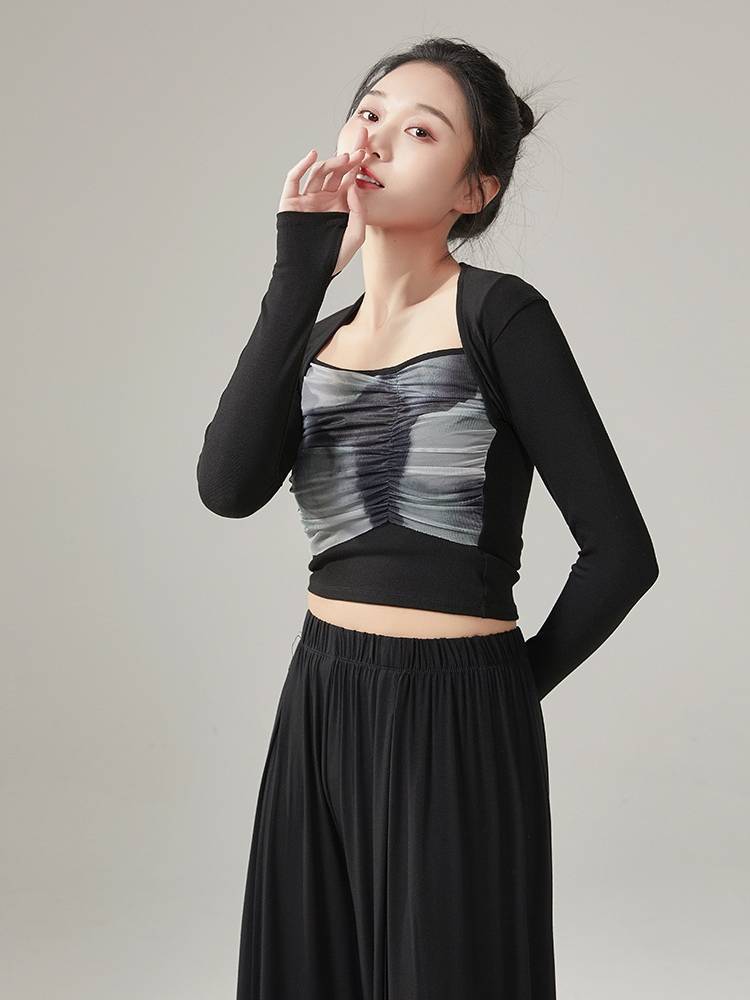 Modern dance autumn and summer dance ink and ink mesh practice suit set classical dance -shaped training long -sleeved clothing female art test