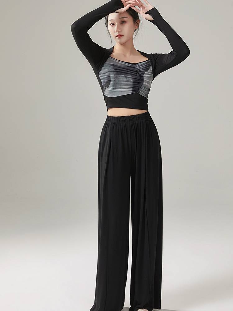 Modern dance autumn and summer dance ink and ink mesh practice suit set classical dance -shaped training long -sleeved clothing female art test