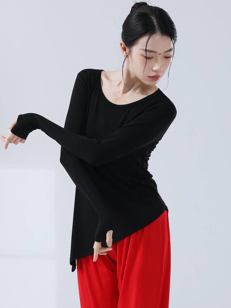 Modern dance training, female adult Modal set refers to long -sleeved dance base training top classical square dance clothing summer