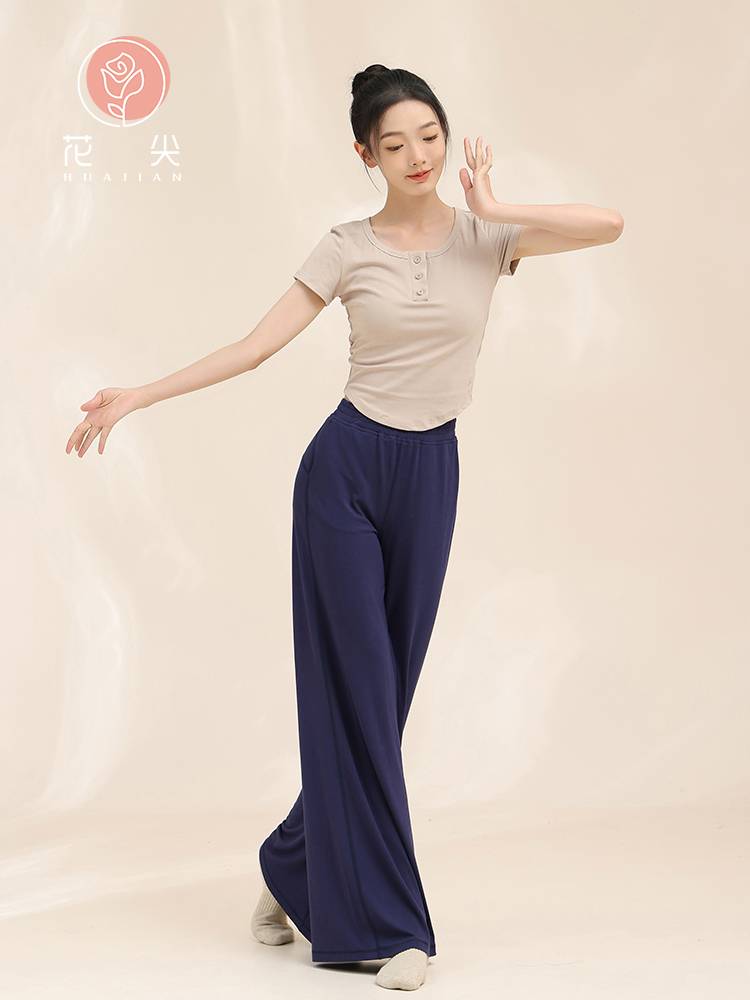 Huajian classical dance button dance clothing training, training, short -sleeved body training daily clothing modern dance knitted top