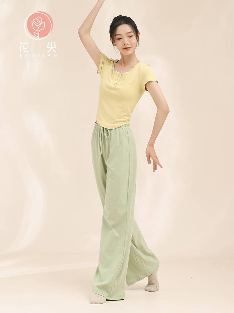 Huajian classical dance button dance clothing training, training, short -sleeved body training daily clothing modern dance knitted top