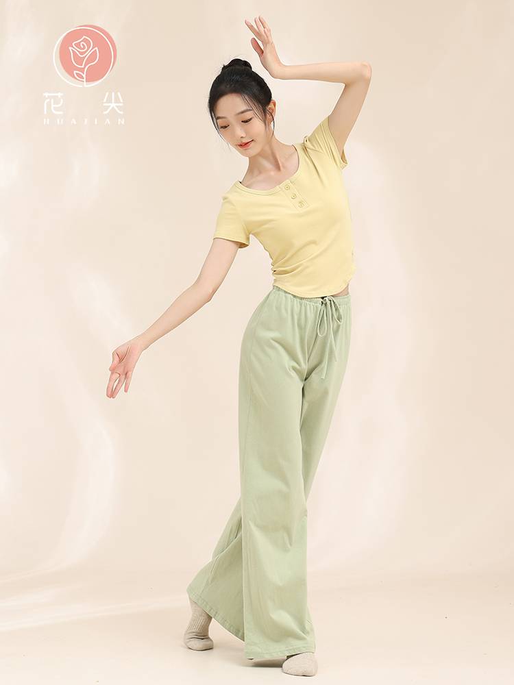 Huajian classical dance button dance clothing training, training, short -sleeved body training daily clothing modern dance knitted top