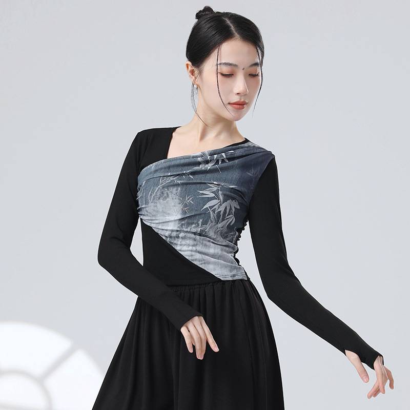Guofeng's new Chinese -style stitching ink gauze sloping design sense long -sleeved sleeve refers to modern dance dance practice clothes