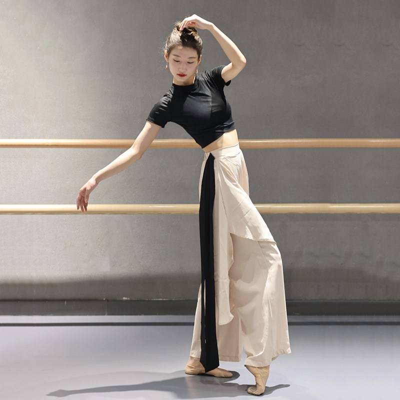 Modern dance exercise high -level sensor set refers to short -sleeved top performance clothes classical dance wide -leg pants dance pants new