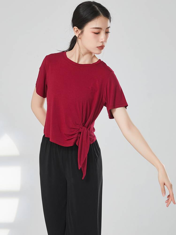 Modern dance exercise, female adult loose Modal short -sleeved T -shirt side border lace -up dance top classic dance service