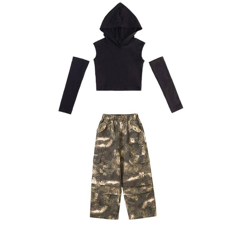 Girl's Jazz Dance Camouflage Jazz catwalk show Modern dance exercises, exposed umbilical children's street dance performance