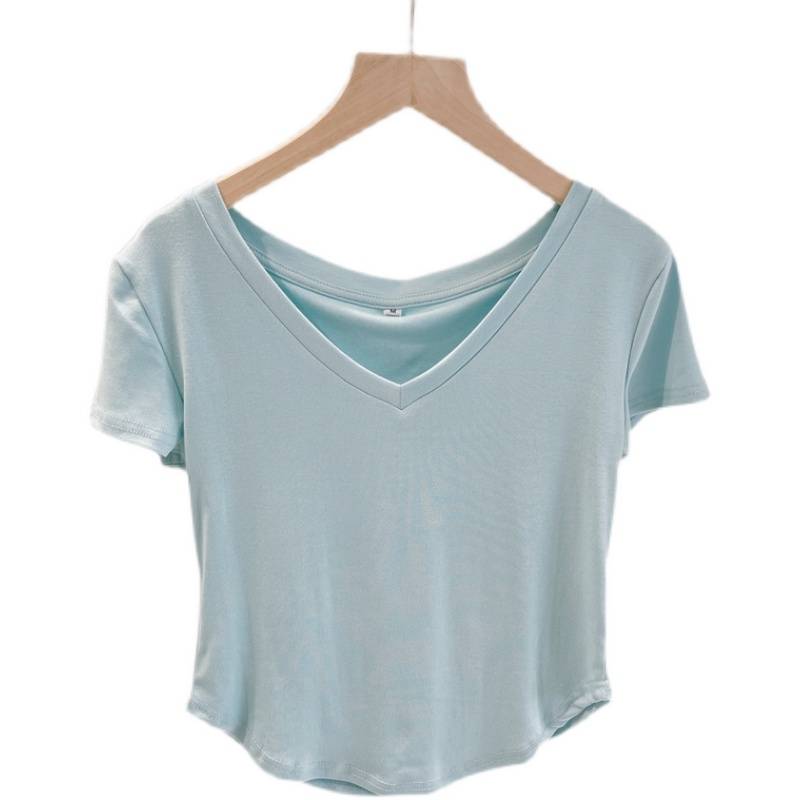 V -neck dance clothing female short -sleeved short top classic modern dance exercise jazz fitness sports yoga clothing