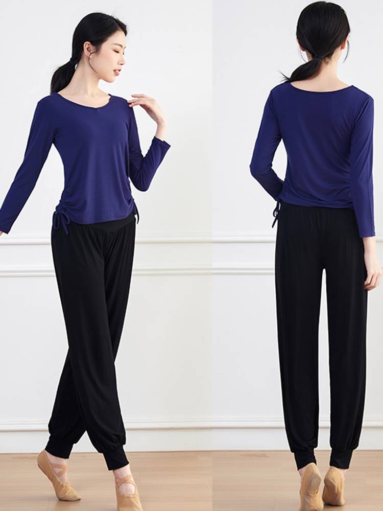 Spring and summer black dance exercise uniform top female modern dance clothing shows thin -shaped body clothes dancing lantern pants 2024