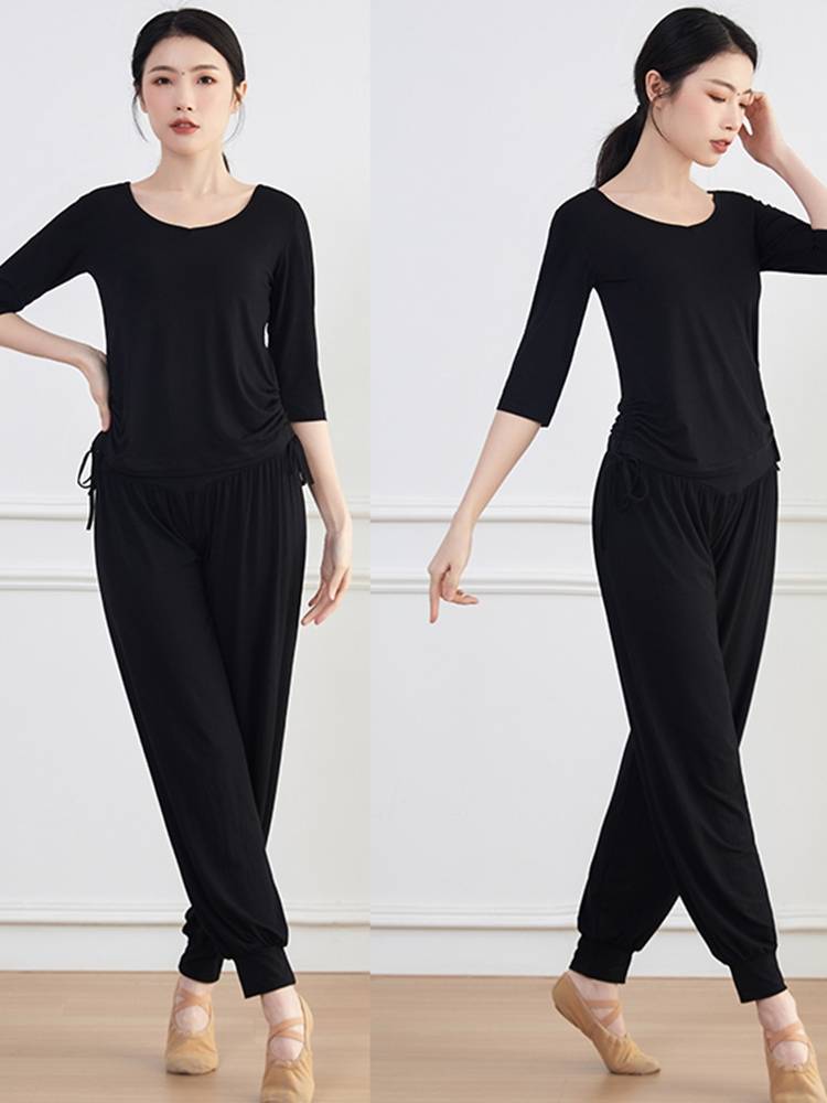 Spring and summer black dance exercise uniform top female modern dance clothing shows thin -shaped body clothes dancing lantern pants 2024