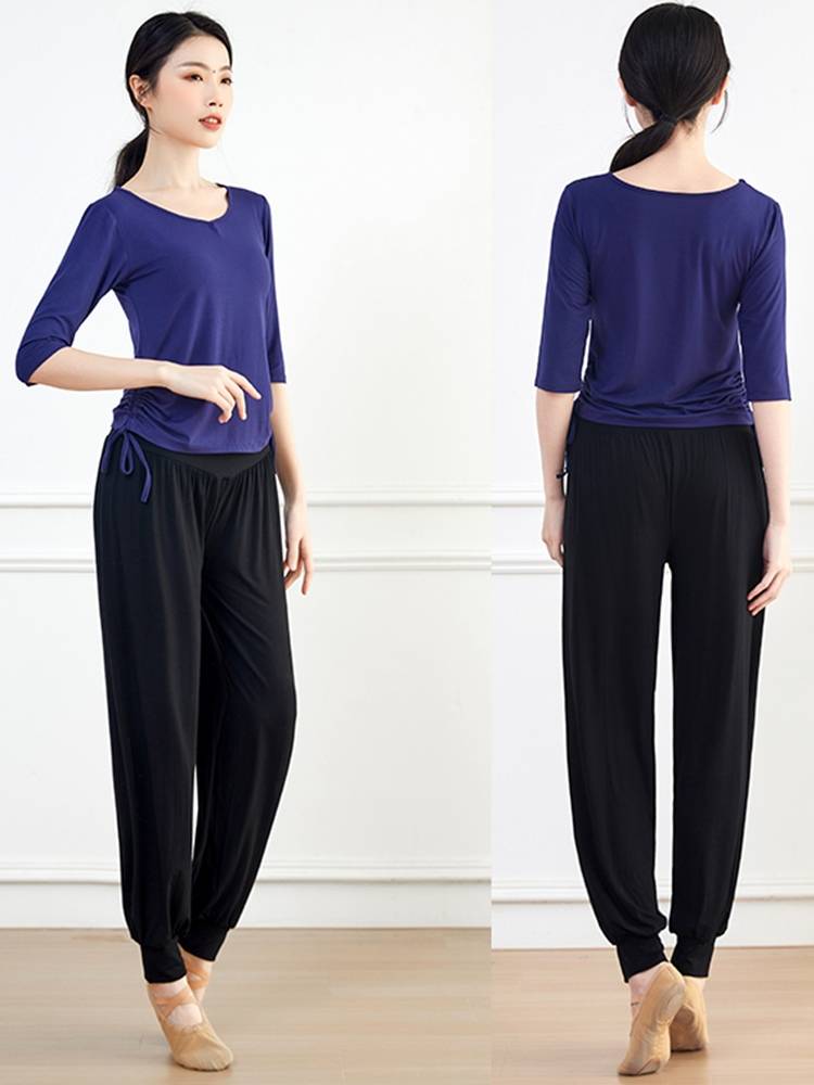 Spring and summer black dance exercise uniform top female modern dance clothing shows thin -shaped body clothes dancing lantern pants 2024