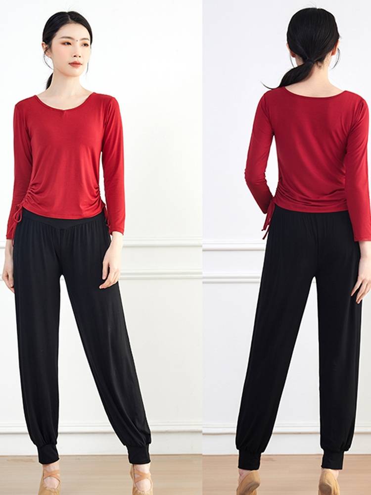 Spring and summer black dance exercise uniform top female modern dance clothing shows thin -shaped body clothes dancing lantern pants 2024
