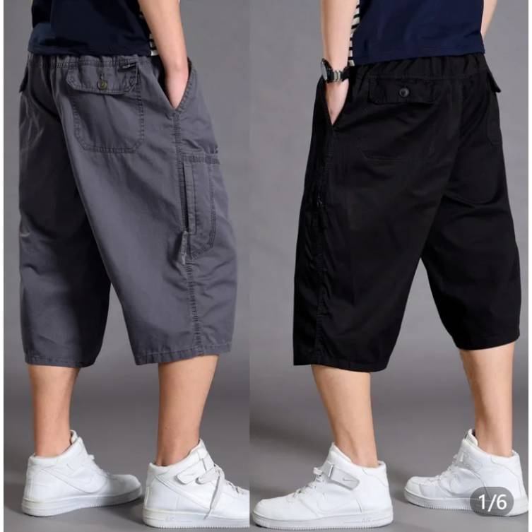 Short pants men's cropped pants loose 7 -point pants trend, wild fat man 6 -point horse pants multi -pocket large size casual big pants