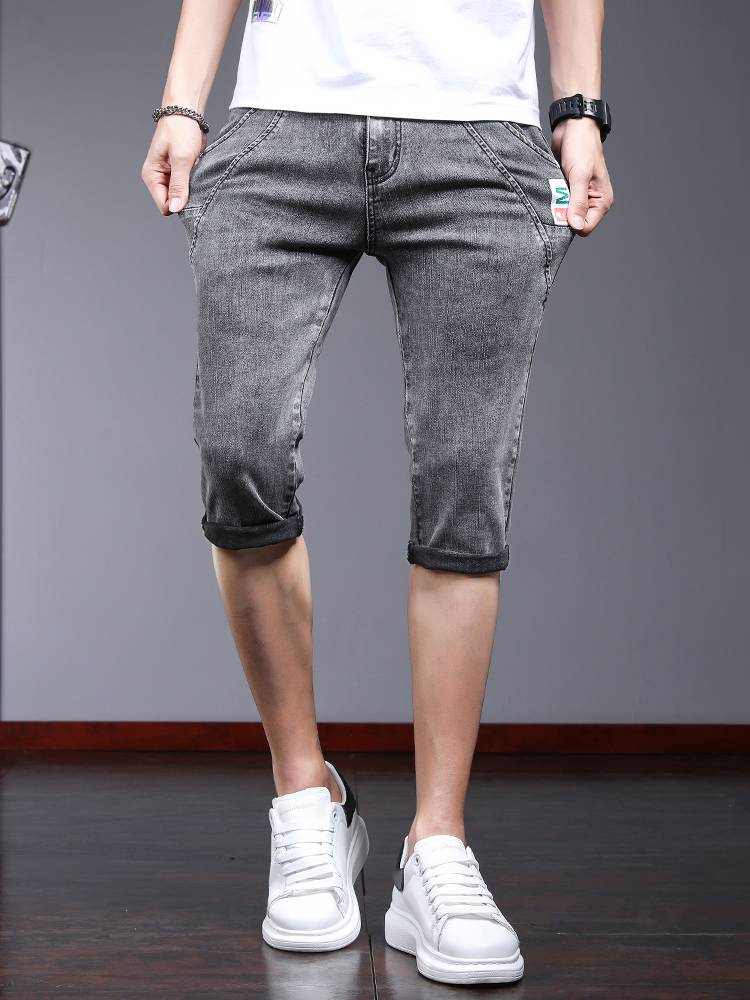 Qi brand genuine denim shorts, men's summer thin slim pants pants 2024 Tide brand casual elastic five -pointer