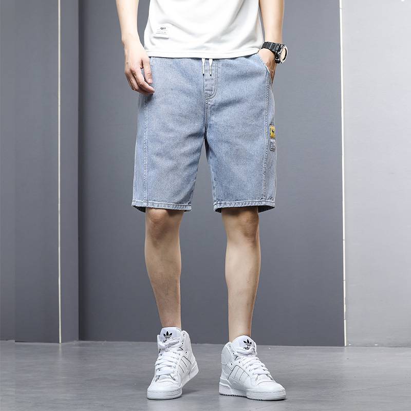 Denim shorts men's summer thin tide brand penta pants loose straight straight men's line men's line 5 points Korean pants Korean pants