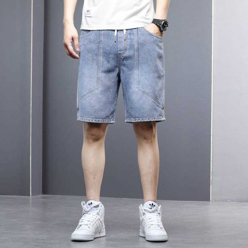 Denim shorts men's summer thin tide brand penta pants loose straight straight men's line men's line 5 points Korean pants Korean pants