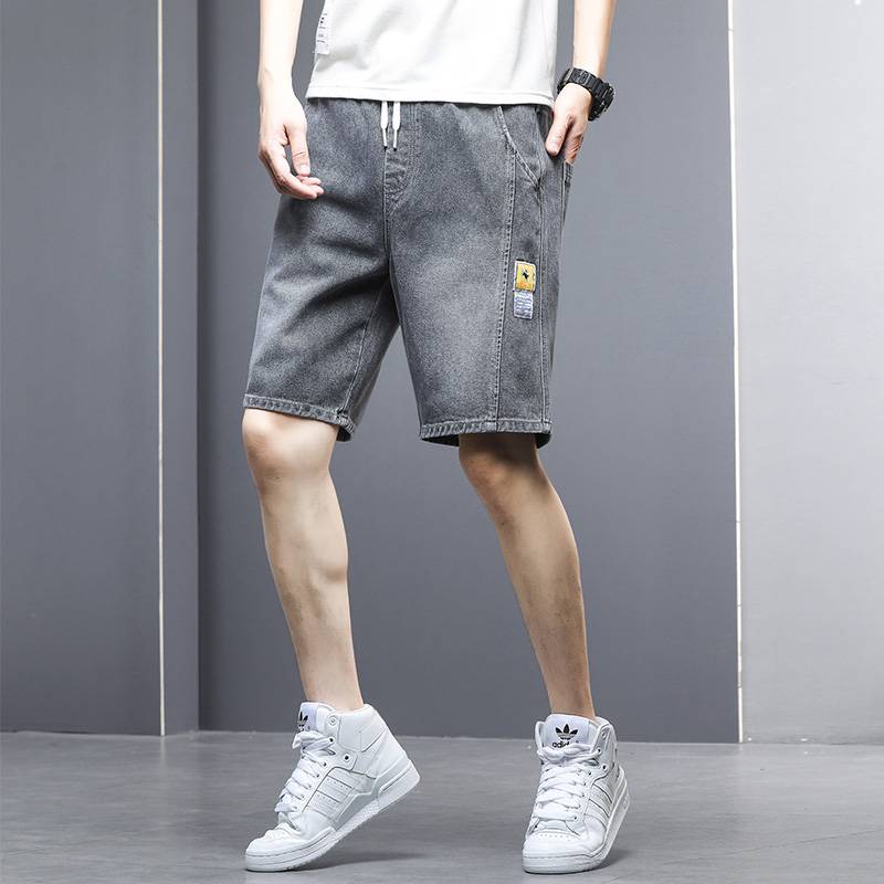 Denim shorts men's summer thin tide brand penta pants loose straight straight men's line men's line 5 points Korean pants Korean pants