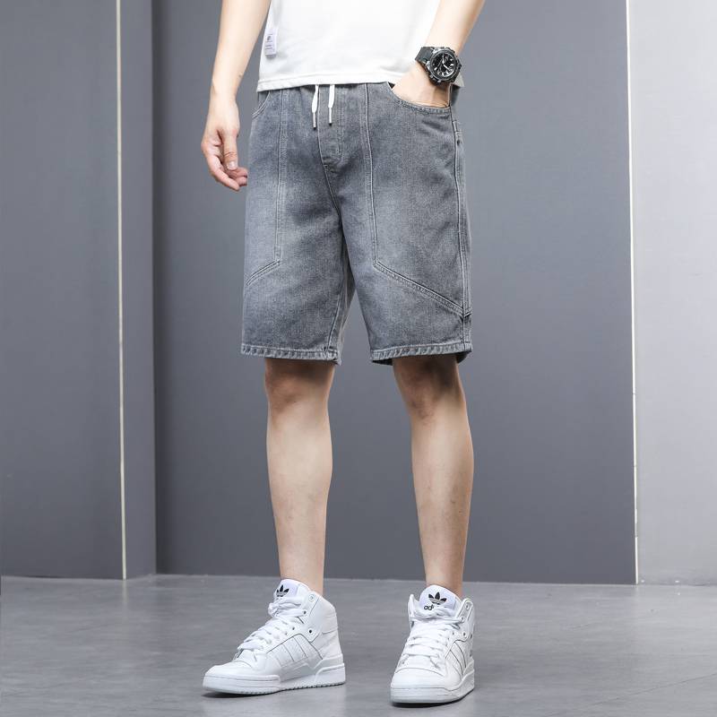 Denim shorts men's summer thin tide brand penta pants loose straight straight men's line men's line 5 points Korean pants Korean pants