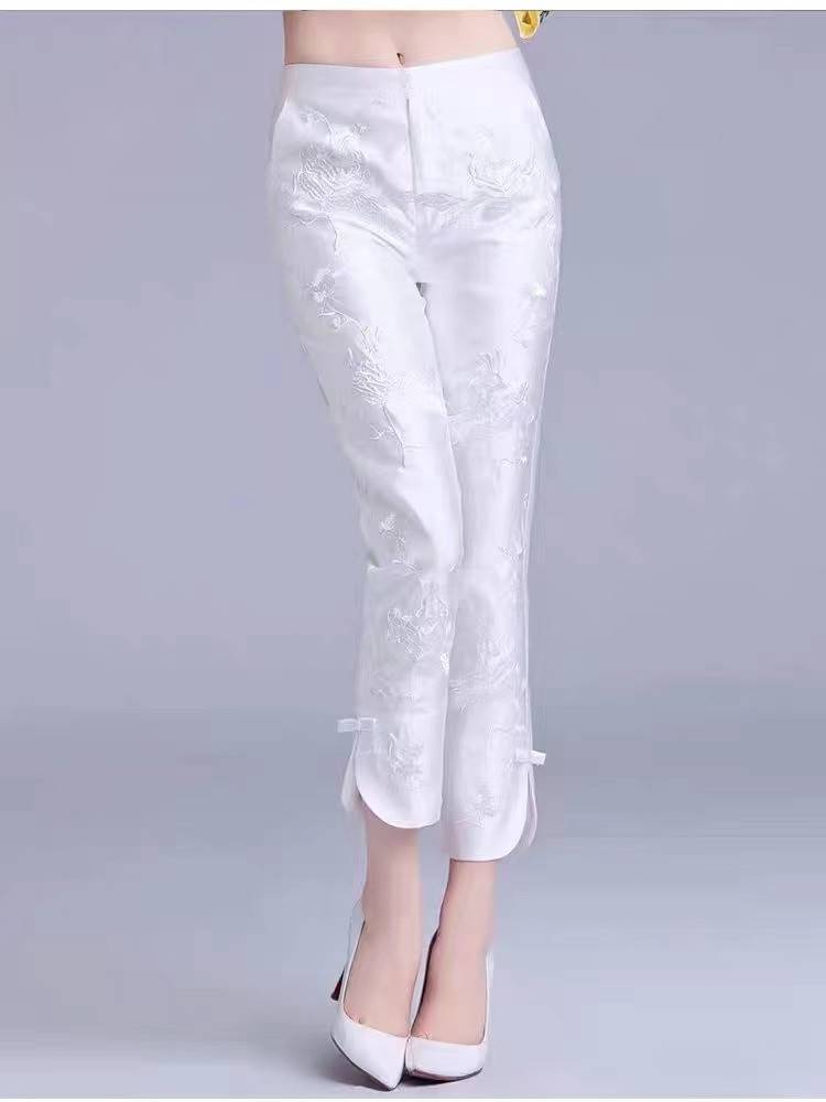 New Chinese -style Harun Pine Embroidered Pants Children Xia Guofeng's new white pants wild pants are thin casual horse pants