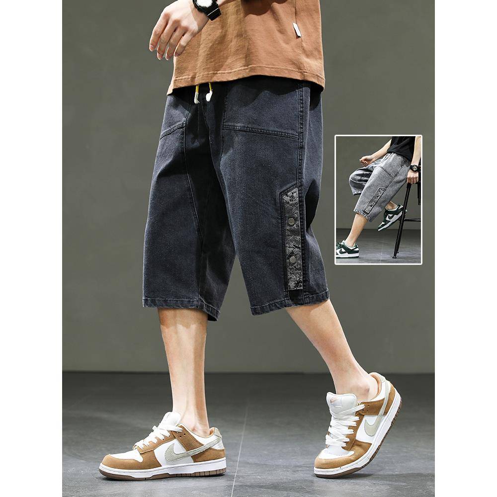 Add fertilizer and increase the code summer denim cropped pants men's shorts loose tide brand straight leisure fat man pants wear