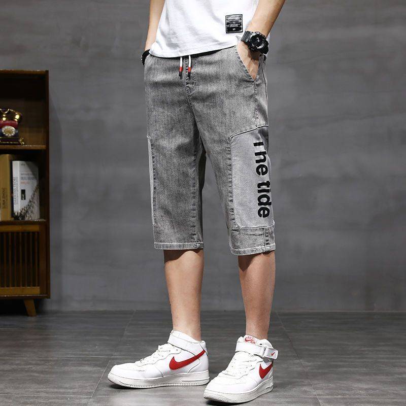 Denim shorts men's cropped pants 2024 summer thin loose casual horse pants trend brand large size wild pants