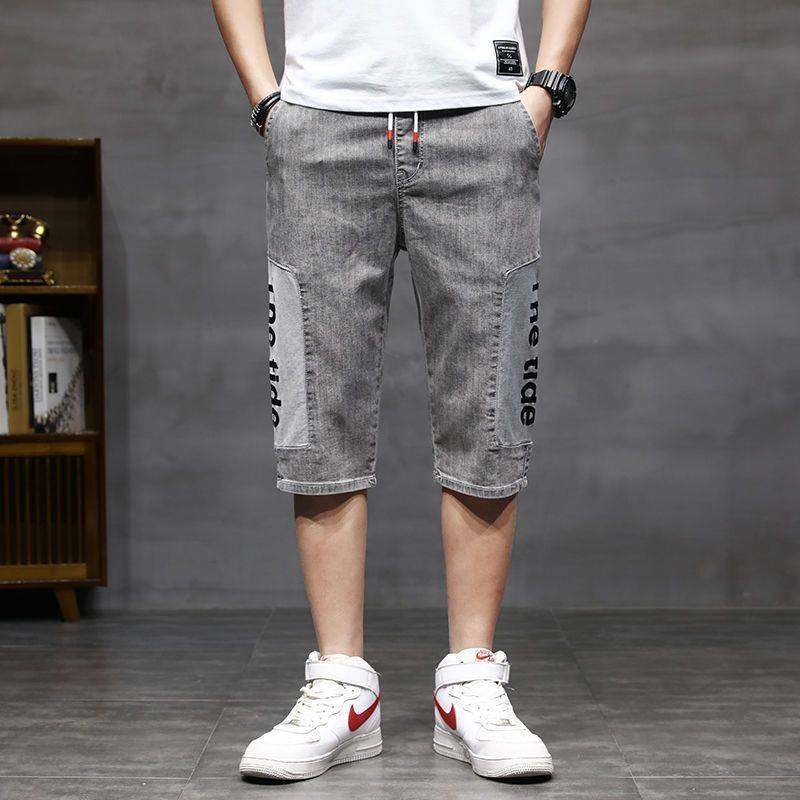 Denim shorts men's cropped pants 2024 summer thin loose casual horse pants trend brand large size wild pants