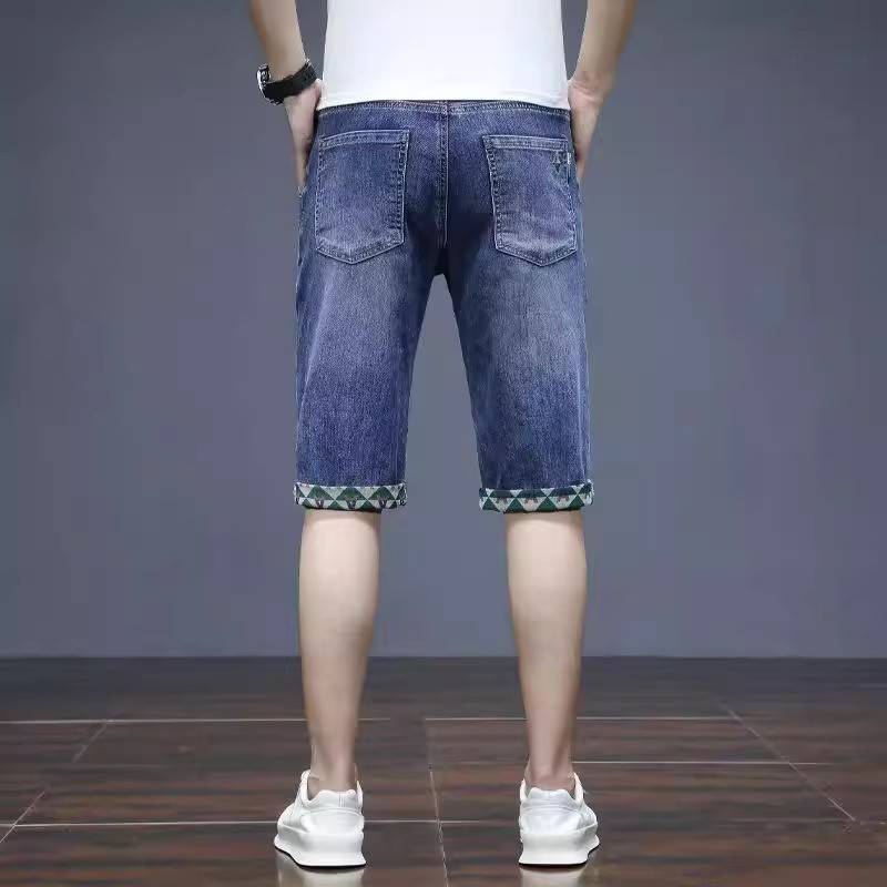 Summer slim micro -bomb denim shorts in the tide brand printed men's straight pants thin casual wild pants