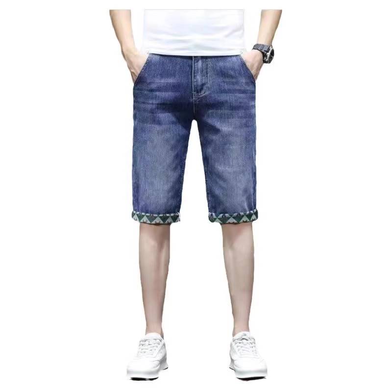 Summer slim micro -bomb denim shorts in the tide brand printed men's straight pants thin casual wild pants