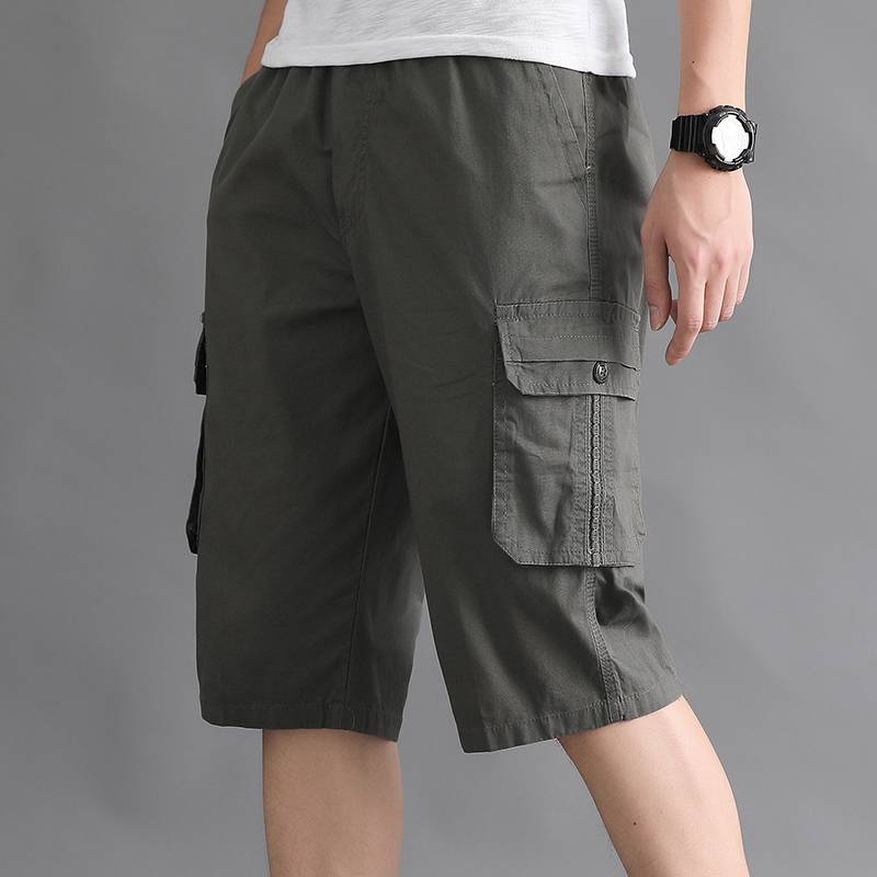 Summer multi -pocket shorts, cotton cropped pants, men's foot, wide legs 7, labor pants, fat increase men's horse pants pants