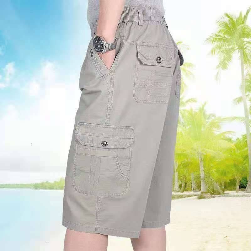 Middle -aged and elderly men in summer Dad's pure cotton suit shorts high -waist loose multi -bag panty pants men's casual pants