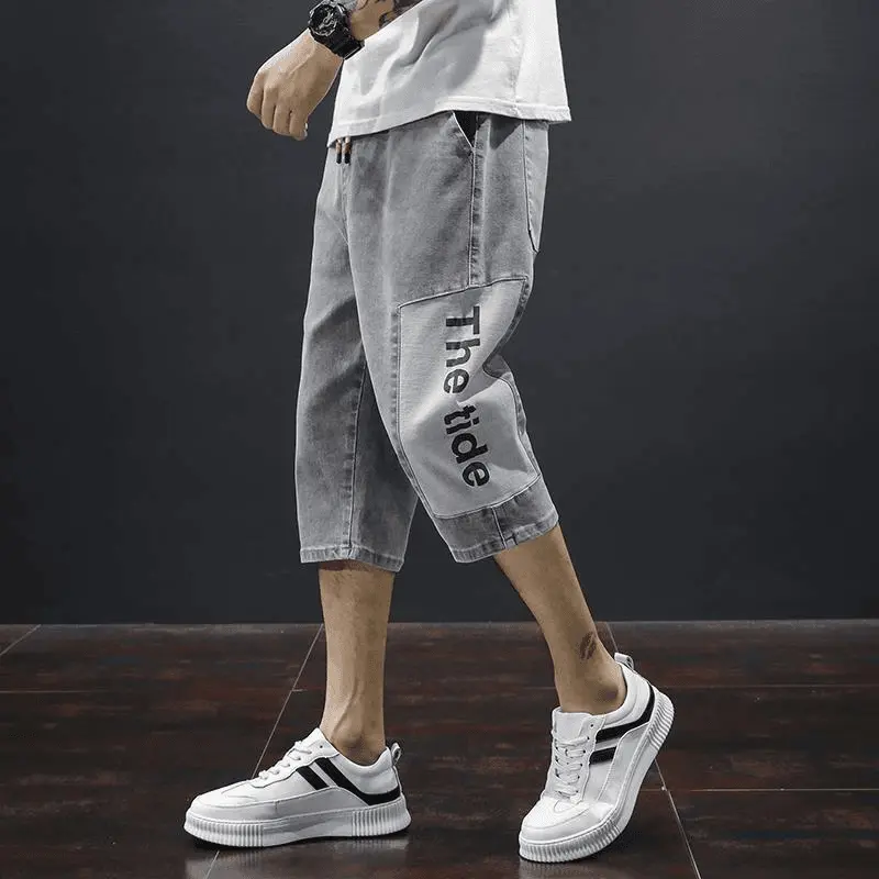 Summer thin 7 denim casual mid -pants men's straight tube trendy pants score Korean pants pants loose large size shorts