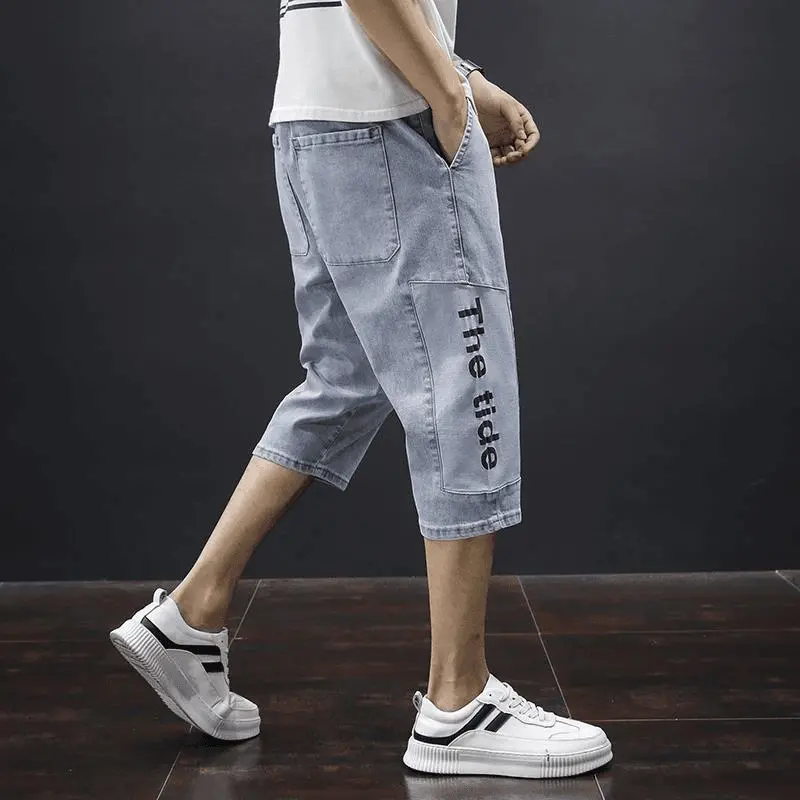 Summer thin 7 denim casual mid -pants men's straight tube trendy pants score Korean pants pants loose large size shorts