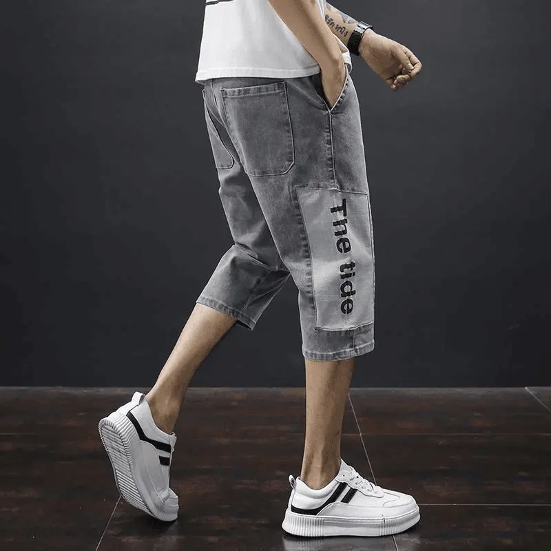 Summer thin 7 denim casual mid -pants men's straight tube trendy pants score Korean pants pants loose large size shorts