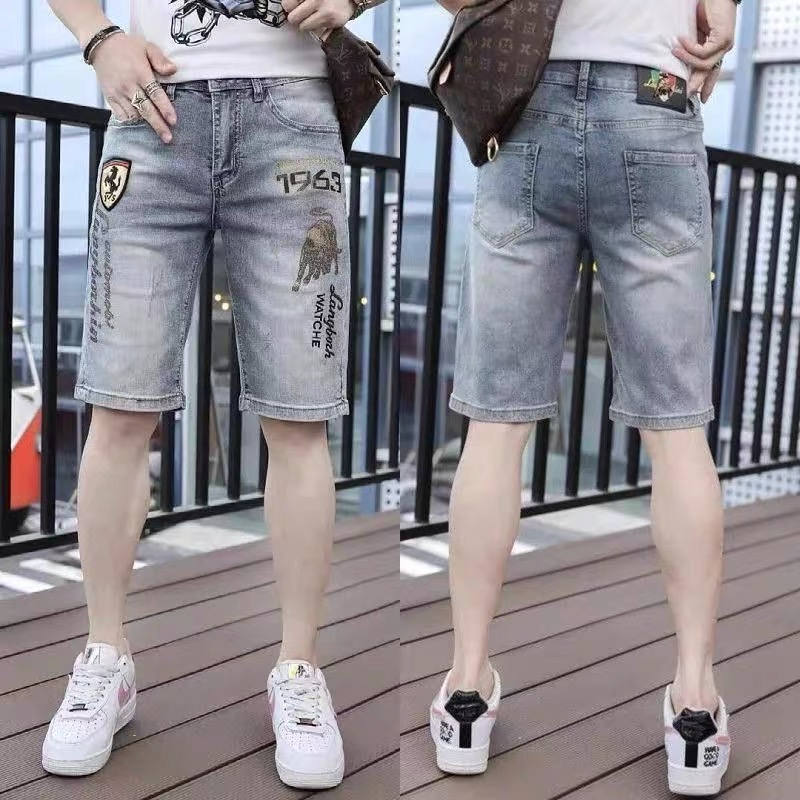 European station men's denim shorts in summer thin pants pants tide brand slimming elastic 5 -point horse pants casual pants