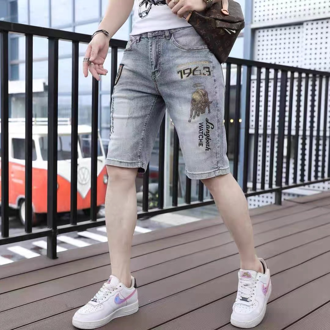 European station men's denim shorts in summer thin pants pants tide brand slimming elastic 5 -point horse pants casual pants