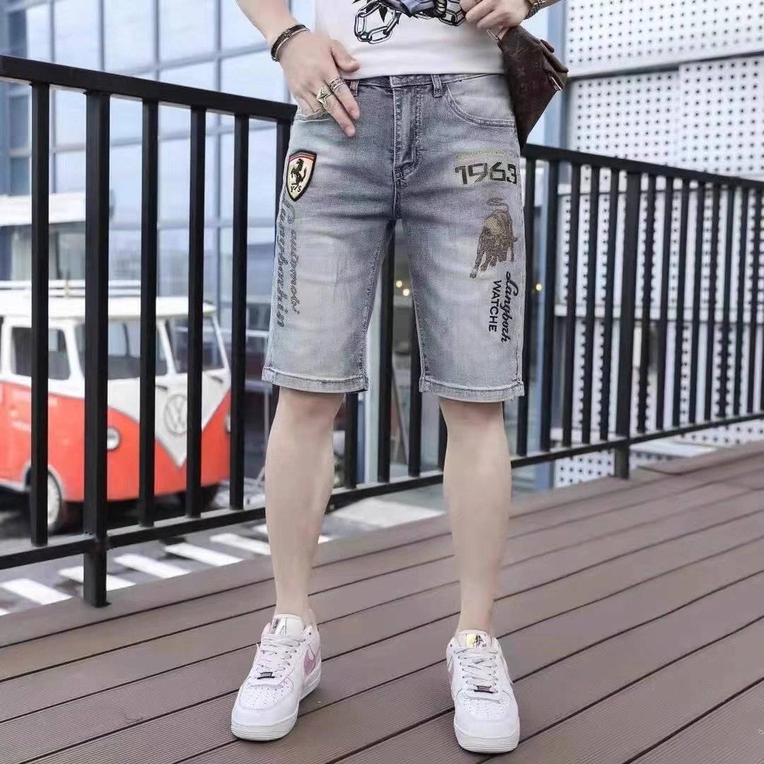 European station men's denim shorts in summer thin pants pants tide brand slimming elastic 5 -point horse pants casual pants