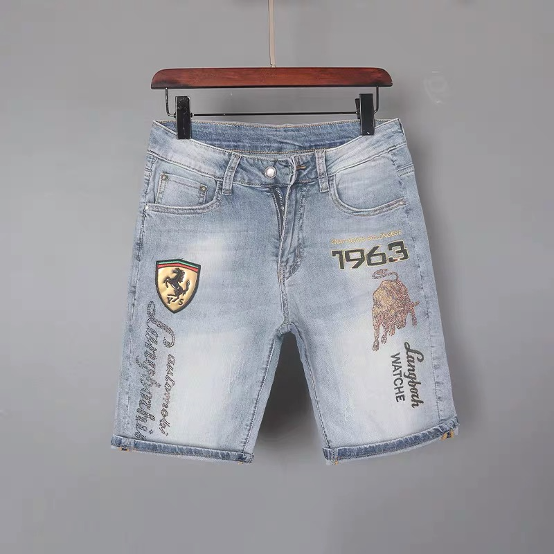 European station men's denim shorts in summer thin pants pants tide brand slimming elastic 5 -point horse pants casual pants
