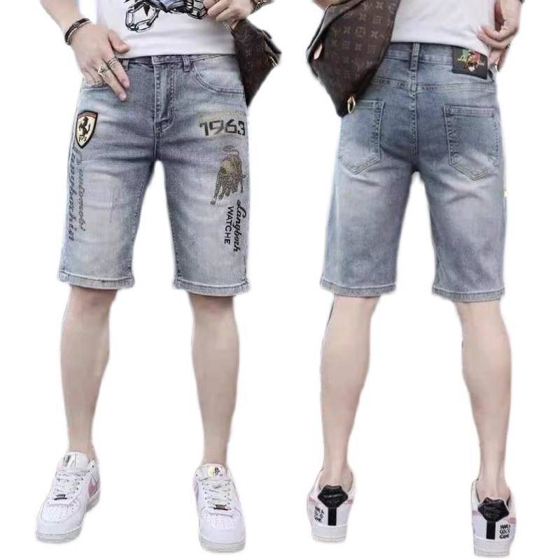 European station men's denim shorts in summer thin pants pants tide brand slimming elastic 5 -point horse pants casual pants
