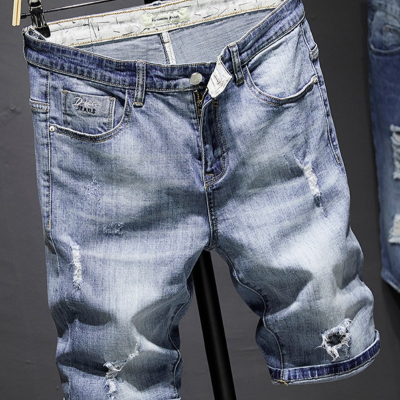 Denim shorts men's five -point pants tide slim Korean version of pants, pants, light blue elastic thin casual horse pants