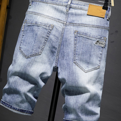 Denim shorts men's five -point pants tide slim Korean version of pants, pants, light blue elastic thin casual horse pants