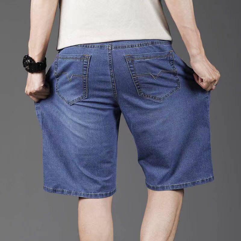 Summer Fat denim shorts, straight tube loose fat guy casual large size, pants pants pants high -waist elastic horse pants