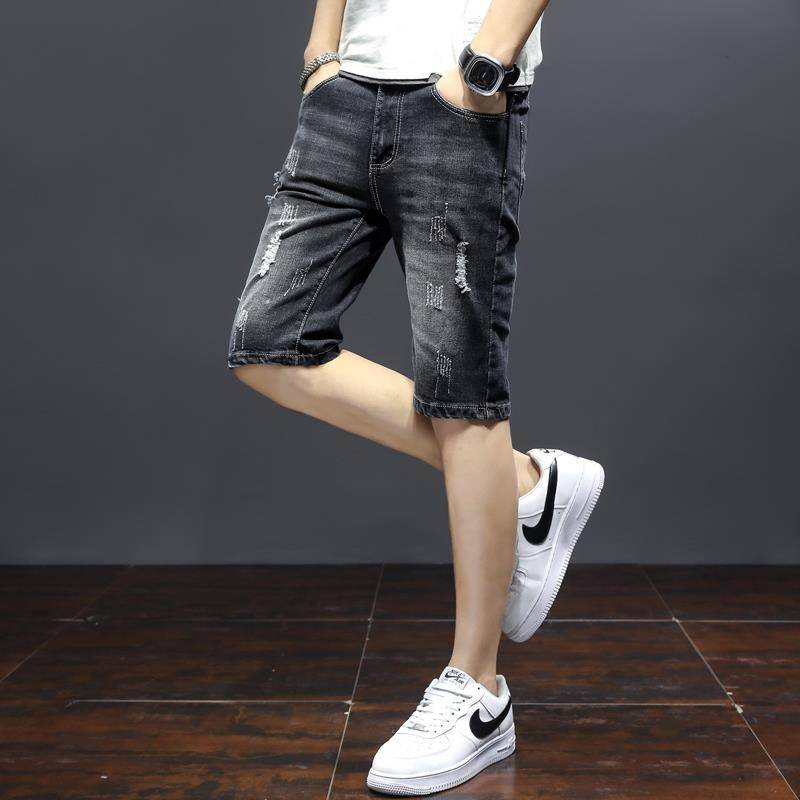 Summer thin elastic denim shorts, men's pornographic slim -fitting straight pants pants men's 5 points casual horse pants